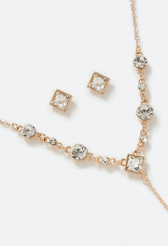 Ely Glass Stone Earrings and Y-Necklace Set Crystal/ Gold