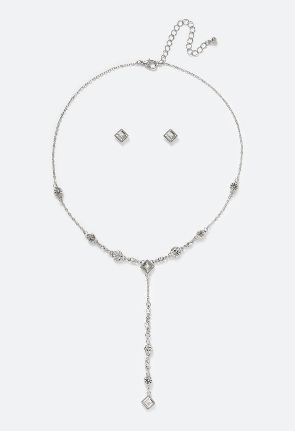 Ely Glass Stone Earrings and Y-Necklace Set Crystal/ Silver