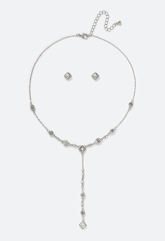Ely Glass Stone Earrings and Y-Necklace Set Crystal/ Silver