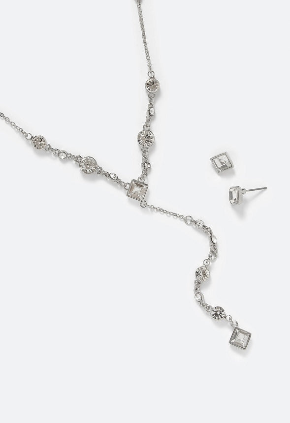 Ely Glass Stone Earrings and Y-Necklace Set Crystal/ Silver