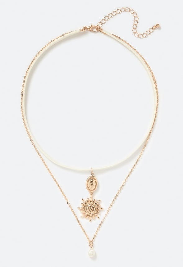 Paige Layered Necklace With Sun Charm And Organic Glass Pearl Drop Cream/ Gold