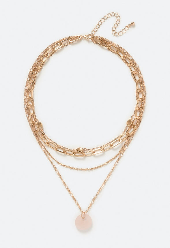 Raya Layered Chain Necklace With Semi Precious Rose Quartz Disc Drop Blush/ Gold