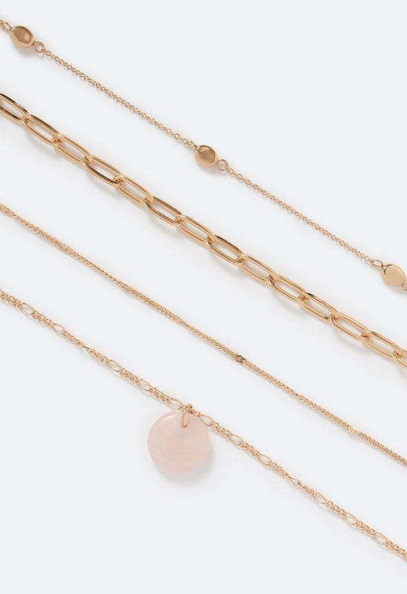 Raya Layered Chain Necklace With Semi Precious Rose Quartz Disc Drop Blush/ Gold
