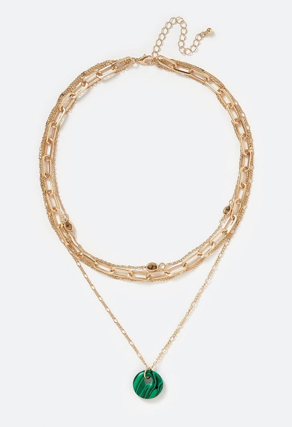Raya Layered Chain Necklace With Semi Precious Malachite Disc Drop Malachite/ Gold