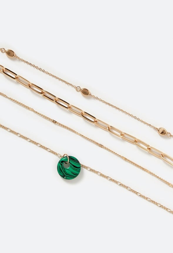 Raya Layered Chain Necklace With Semi Precious Malachite Disc Drop Malachite/ Gold