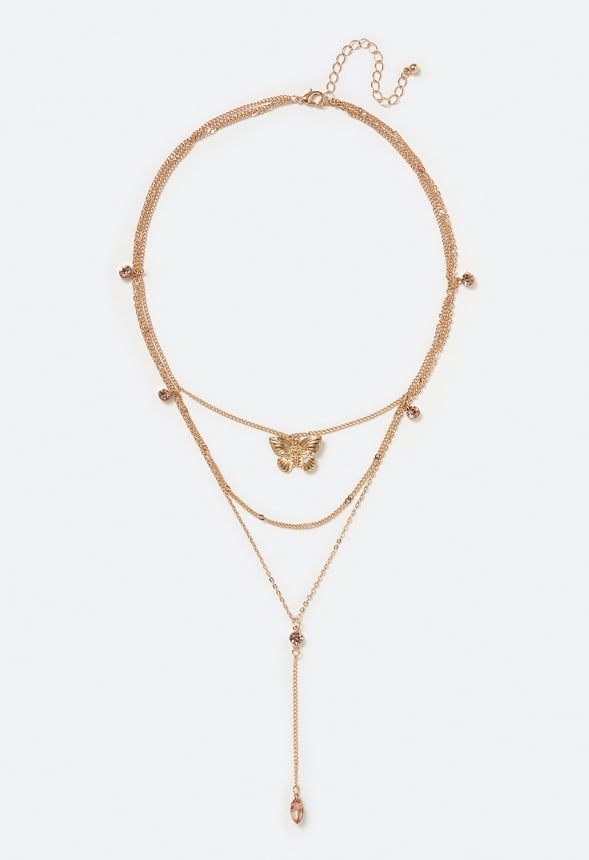 Salma Layered Y-Drop Necklace With Blush Glass Navettes and Butterfly Charm Blush/ Gold