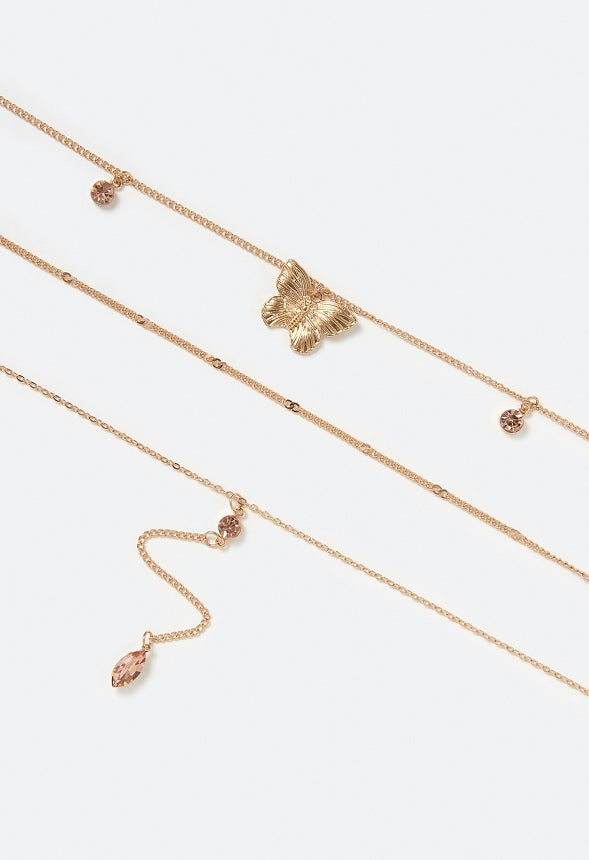 Salma Layered Y-Drop Necklace With Blush Glass Navettes and Butterfly Charm Blush/ Gold