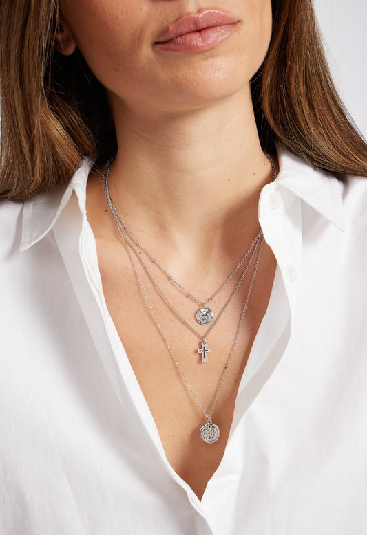 Kori Fine Layered Coin and Cross Necklace Silver