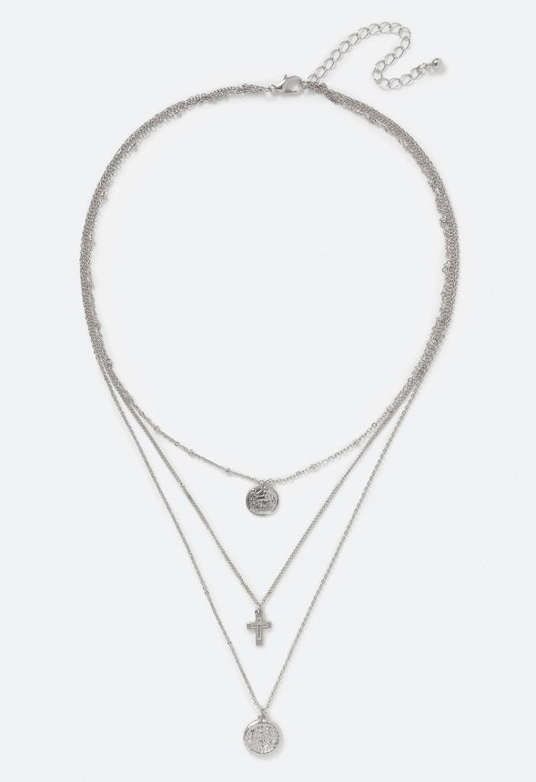 Kori Fine Layered Coin and Cross Necklace Silver