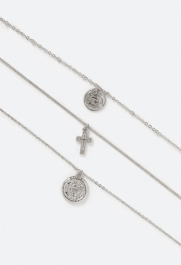 Kori Fine Layered Coin and Cross Necklace Silver