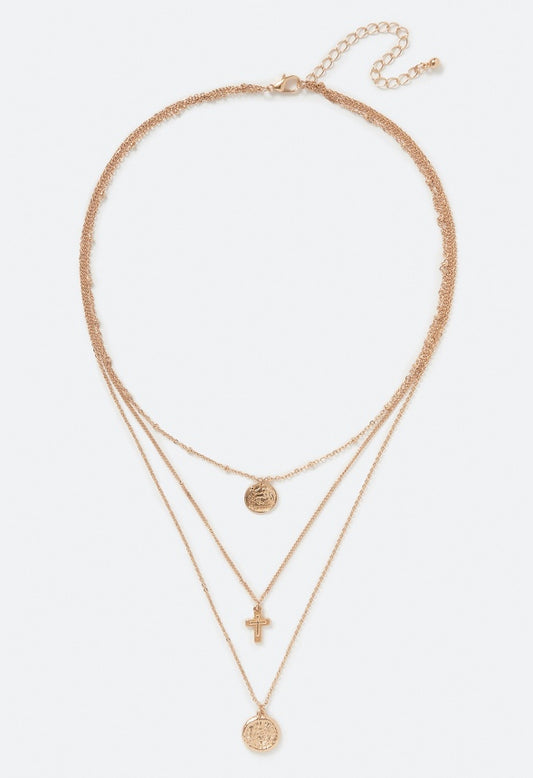 Kori Fine Layered Coin and Cross Necklace Gold