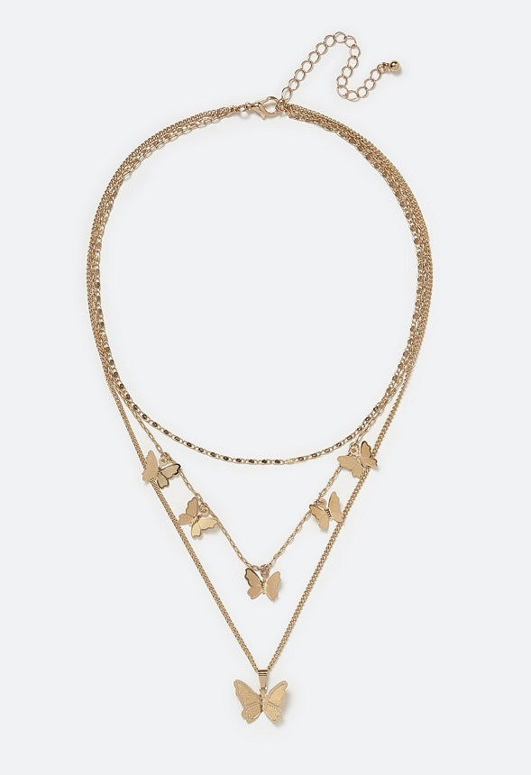 3-Row Nyla Fine Brass Detail Butterfly Necklace Gold