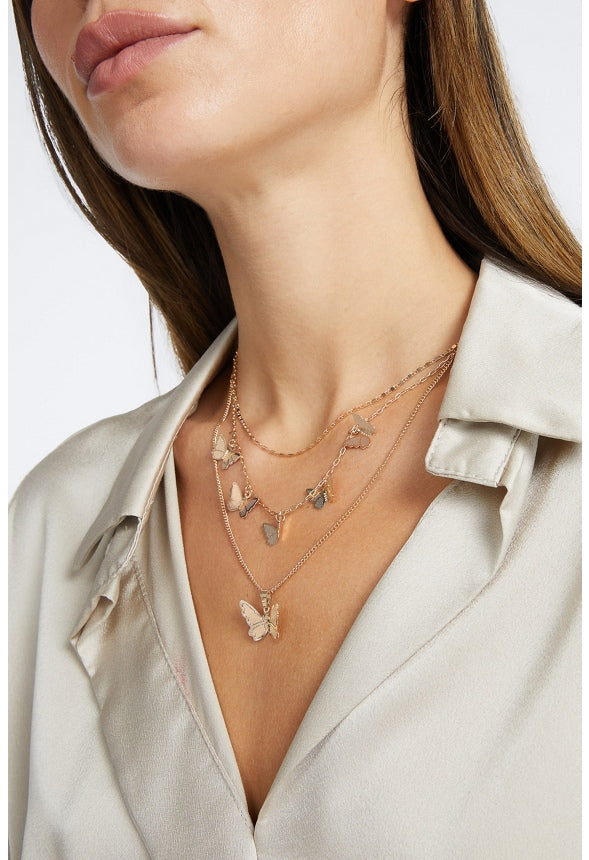 3-Row Nyla Fine Brass Detail Butterfly Necklace Gold