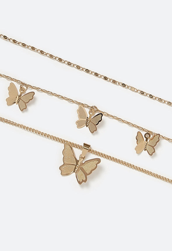 3-Row Nyla Fine Brass Detail Butterfly Necklace Gold