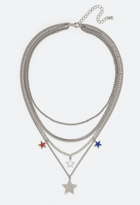 4-Rows 4th Of July Jen Necklace With Pave Stars Red/ Blue/ Silver