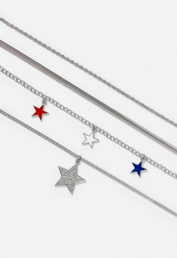 4-Rows 4th Of July Jen Necklace With Pave Stars Red/ Blue/ Silver