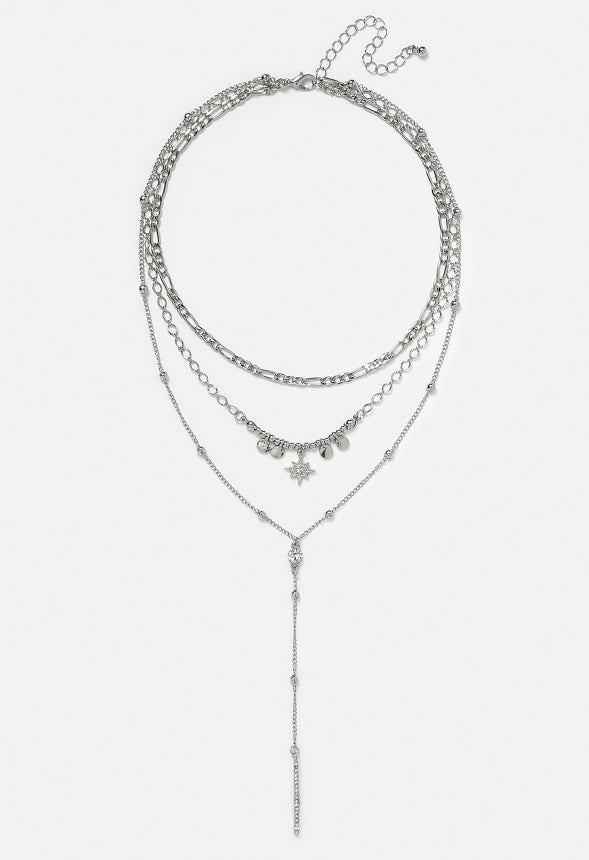 3-Rows Tess Layered Necklace With Celestial Charms Silver