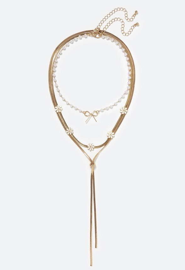 3-Rows Zia Layered Necklace with Flowers And Bow Detail Cream/ Gold