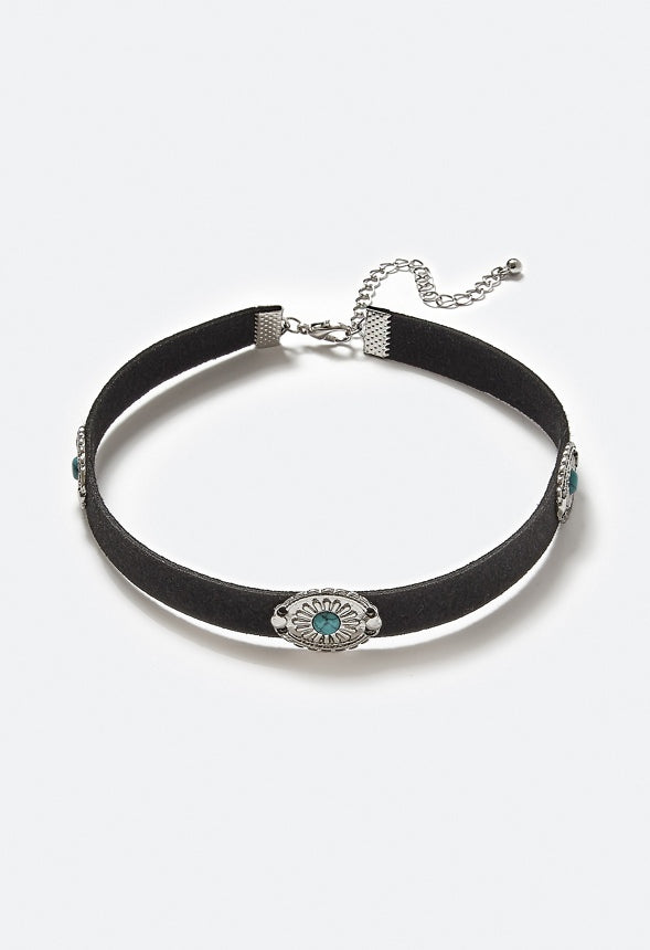 Sue Choker Necklace With Turquoise Color Stone Western Motifs Black/ Silver
