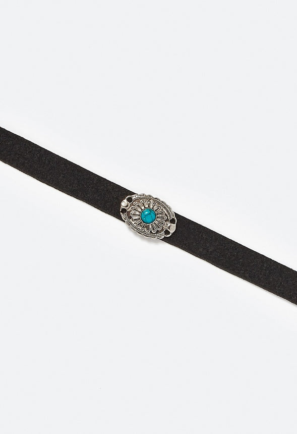 Sue Choker Necklace With Turquoise Color Stone Western Motifs Black/ Silver