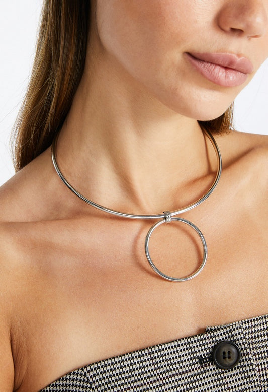 Rox Wire Collar Necklace With Metal Ring Pendant  Silver