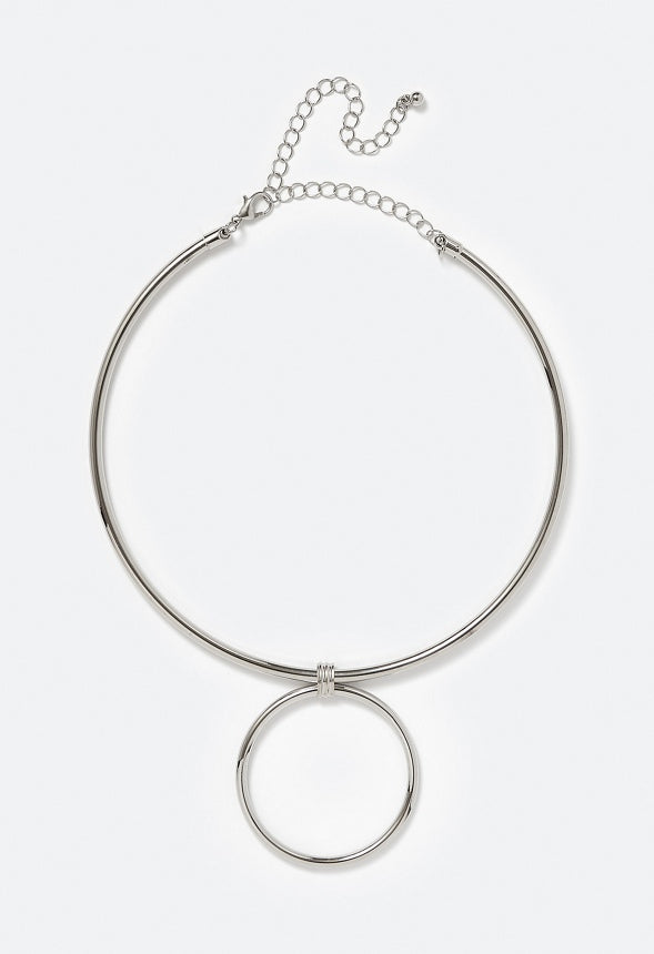 Rox Wire Collar Necklace With Metal Ring Pendant  Silver