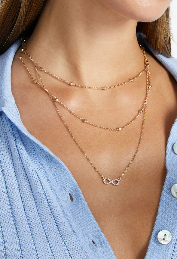 3-Rows Mia Fine Layered Necklace With Glass Stone Infinity Pendant  Gold
