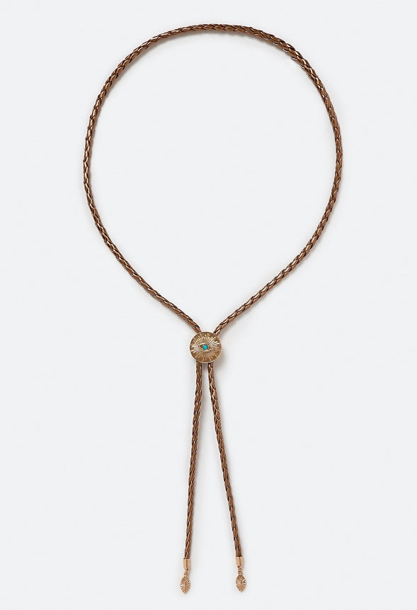 Viv Adjustable Bolo Tie Necklace With Turq Colored Stone Brown/ Gold