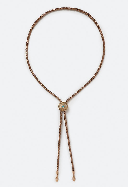 Viv Adjustable Bolo Tie Necklace With Turq Colored Stone Brown/ Gold