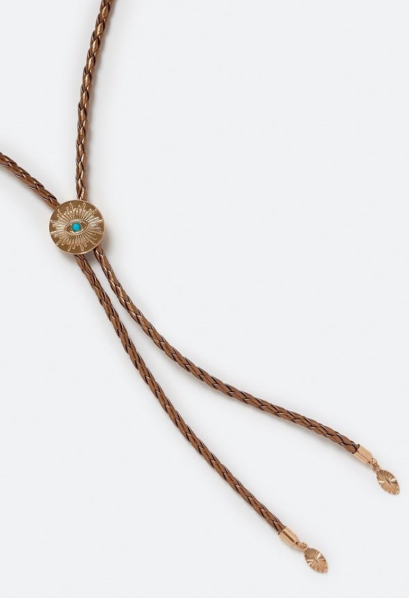 Viv Adjustable Bolo Tie Necklace With Turq Colored Stone Brown/ Gold