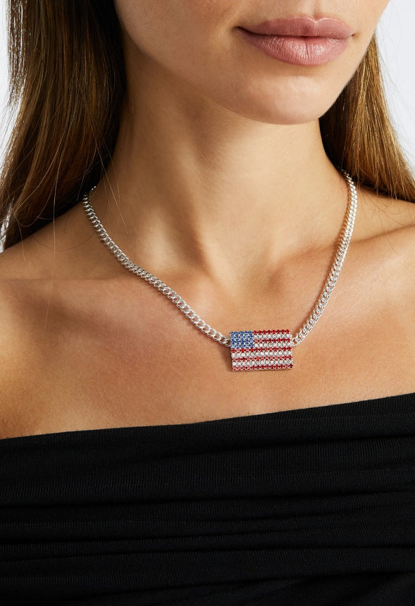 4th of July Pam Glass Pave Flag Pendant Necklace Red/ Blue/ Silver