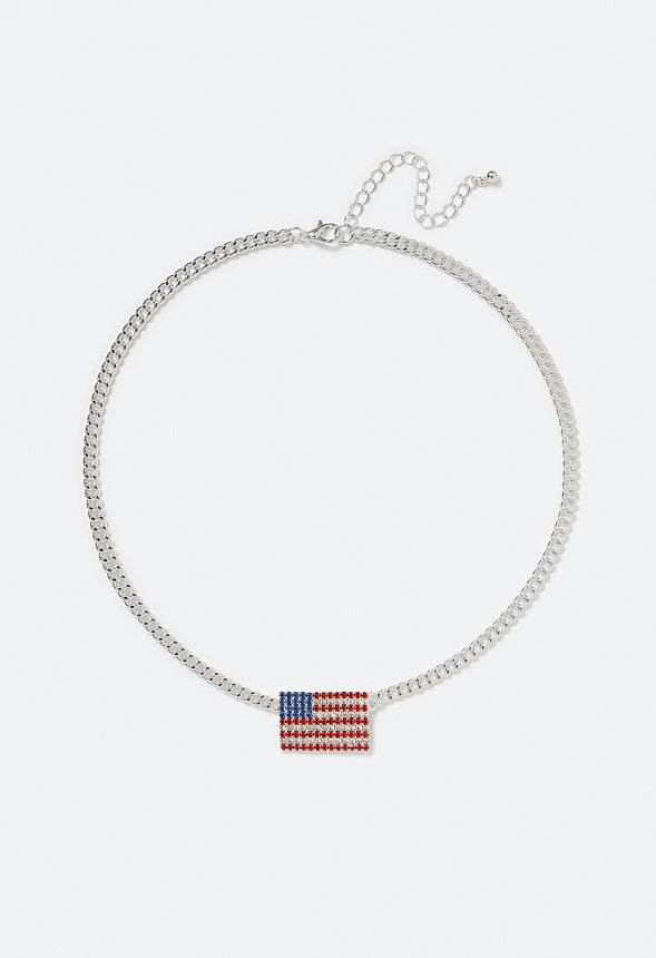 4th of July Pam Glass Pave Flag Pendant Necklace Red/ Blue/ Silver