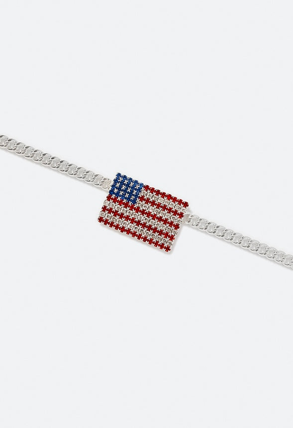 4th of July Pam Glass Pave Flag Pendant Necklace Red/ Blue/ Silver