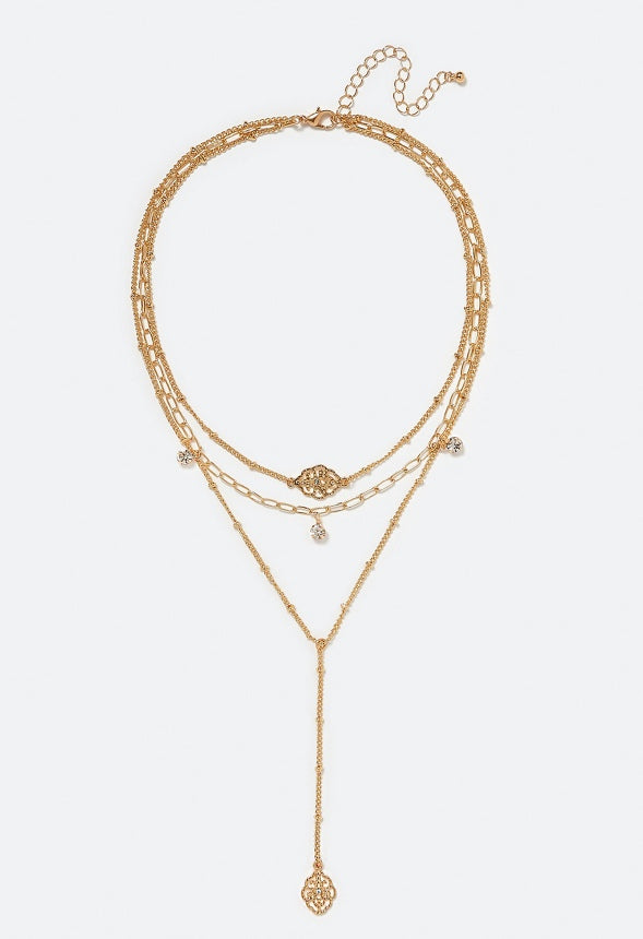 3-Rows Ivy Filigree Charm And Glass Stone Crystal Y Necklace Gold/ Crystal