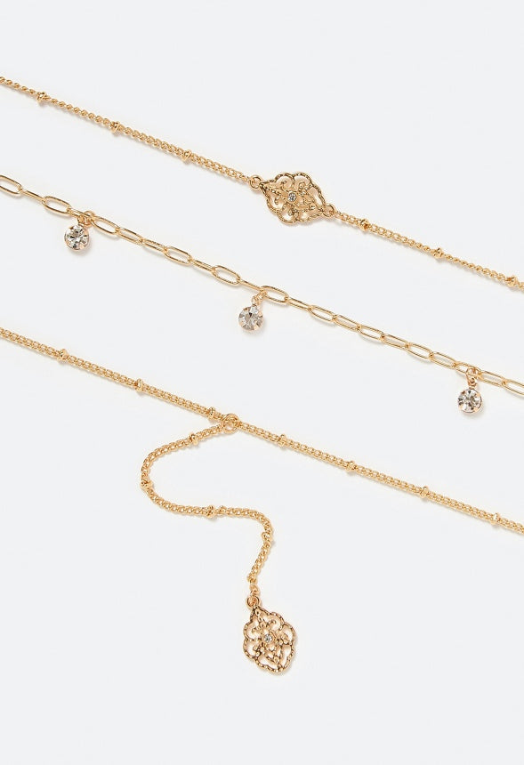 3-Rows Ivy Filigree Charm And Glass Stone Crystal Y Necklace Gold/ Crystal