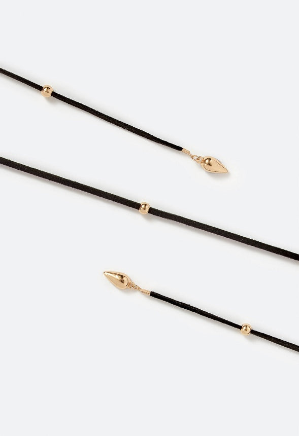 Vea Wraparound Faux Suede Lariat With Molten Teardrop Charms Black/ Gold