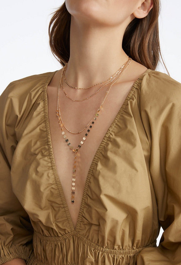 4-Rows Tia Mixed Delicate Chains And Disc Lariat Necklace  Gold
