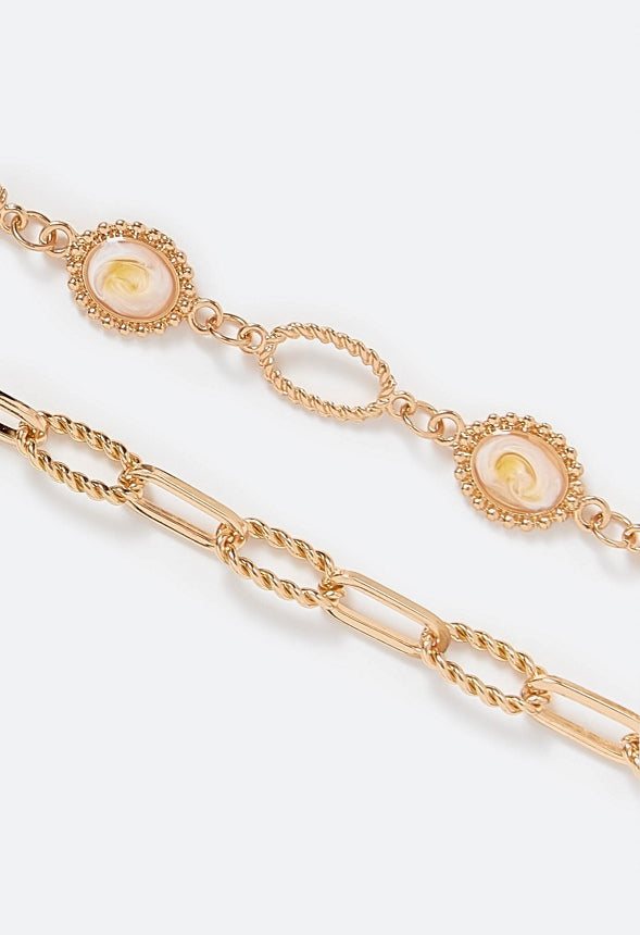2-Rows Sia Oval Link Chain And Resin Inlay Beads Necklace Champagne/ Gold