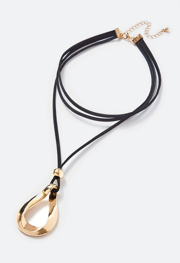 Ora Fixed Suede Lariat With Organic Ring Pendant Necklace Black/ Gold