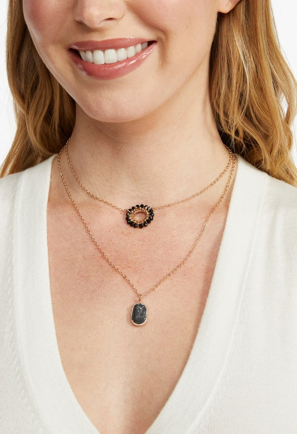 Kali 2 Row Glass Beads Ring With Stone Drop Layer Necklace  Black/ Gold