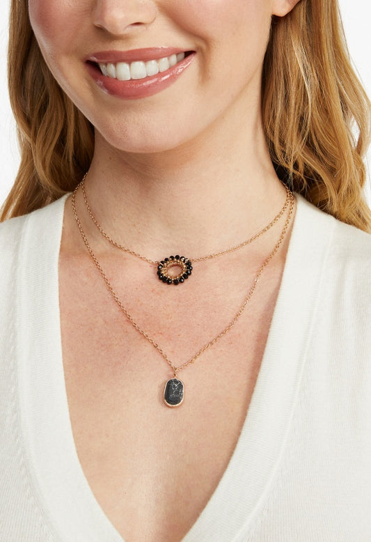 Kali 2 Row Glass Beads Ring With Stone Drop Layer Necklace  Black/ Gold