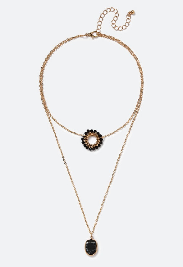 Kali 2 Row Glass Beads Ring With Stone Drop Layer Necklace  Black/ Gold