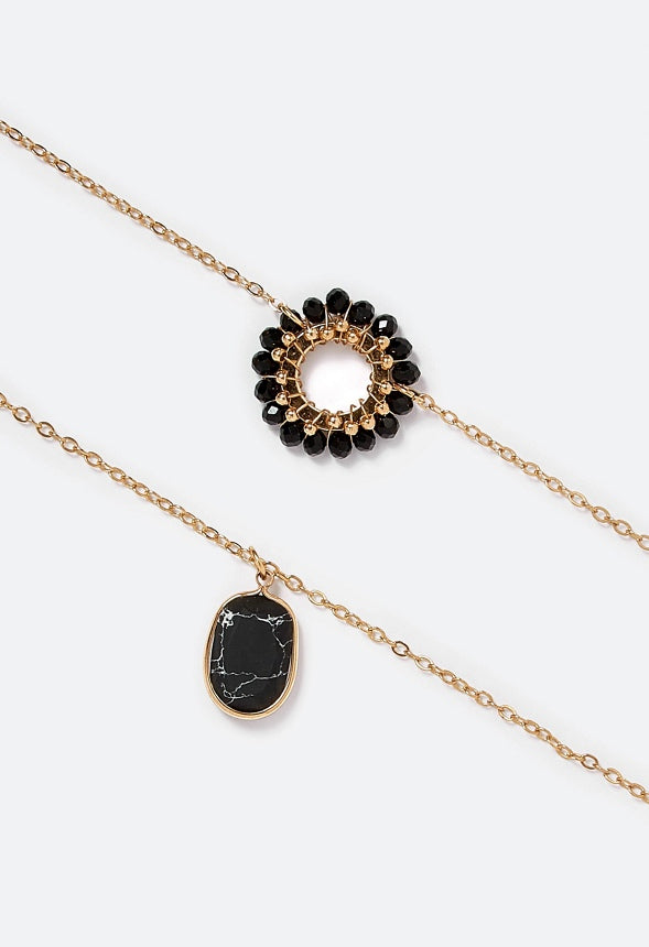 Kali 2 Row Glass Beads Ring With Stone Drop Layer Necklace  Black/ Gold