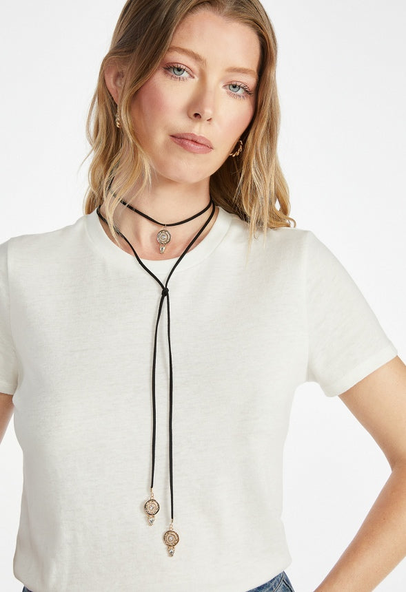 Remi Faux Leather Lariat Necklace With Western Motifs Black/ Gold