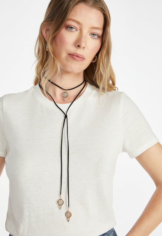 Remi Faux Leather Lariat Necklace With Western Motifs Black/ Gold