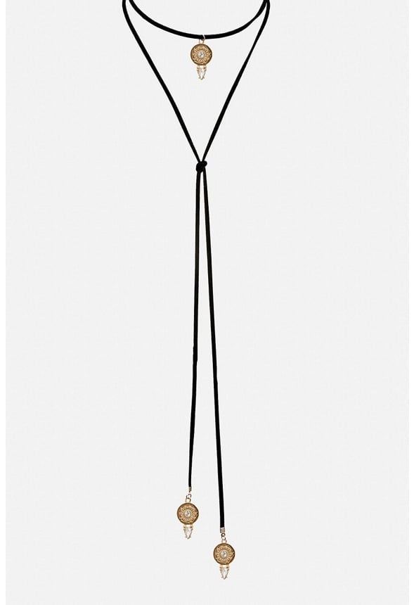 Remi Faux Leather Lariat Necklace With Western Motifs Black/ Gold