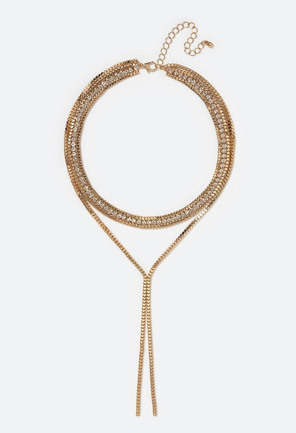 Ella 2 Row Box Chain And Glass Stone Necklace With Y Drop Crystal/ Gold