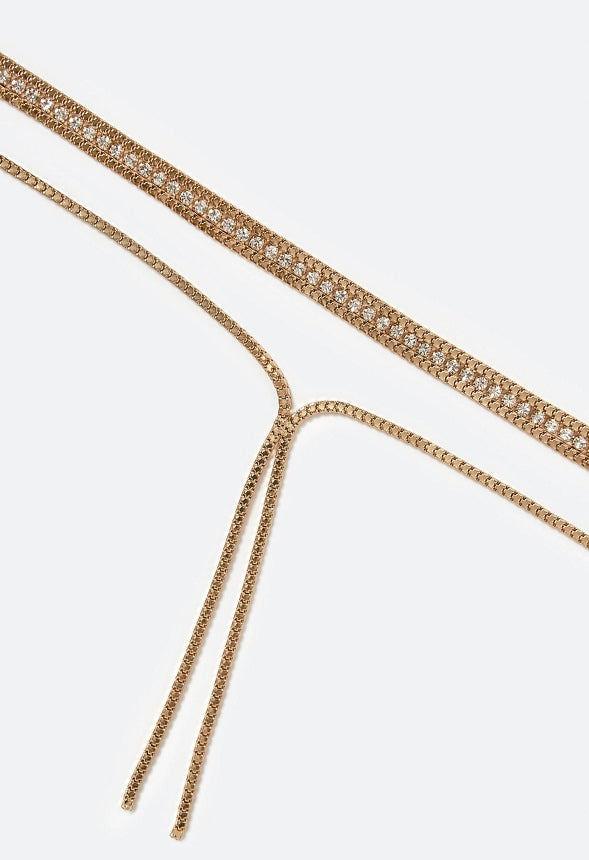 Ella 2 Row Box Chain And Glass Stone Necklace With Y Drop Crystal/ Gold