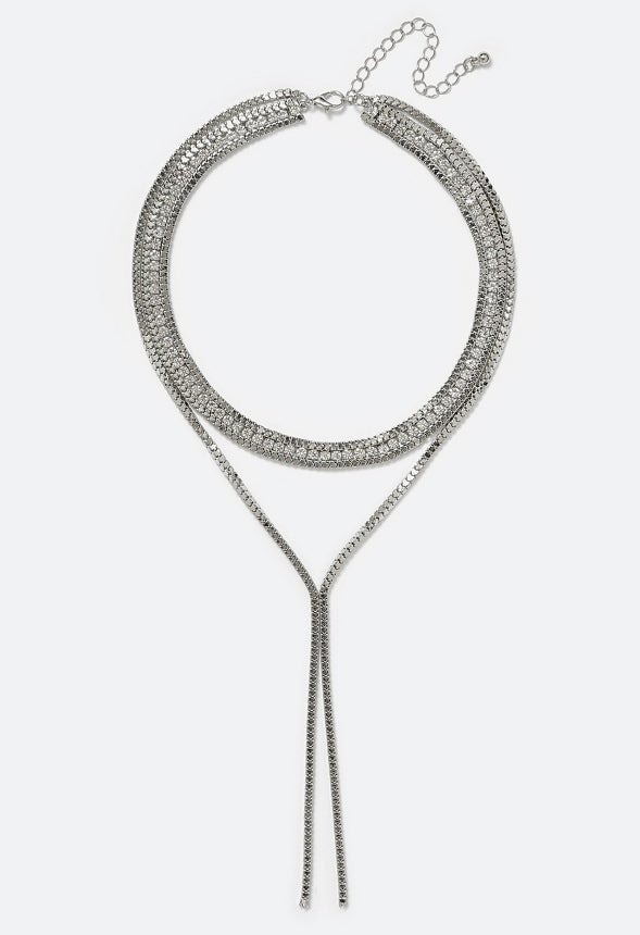 Ella 2 Row Box Chain & Glass Stone Necklace With Y-Drop Crystal/ Silver