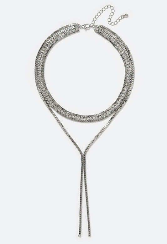 Ella 2 Row Box Chain & Glass Stone Necklace With Y-Drop Crystal/ Silver
